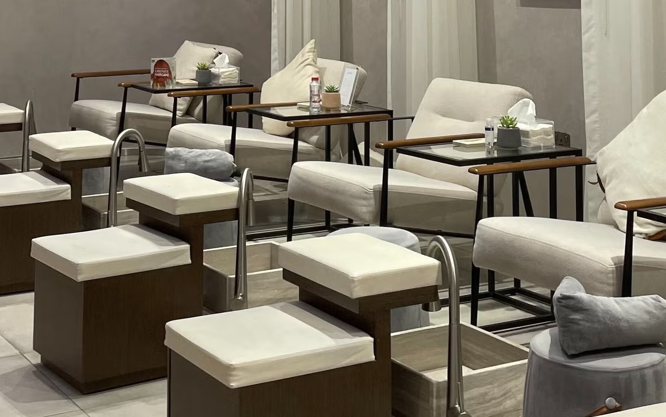 Inside Clay Beauty Lounge: pedicure stations in a calm, earthy room